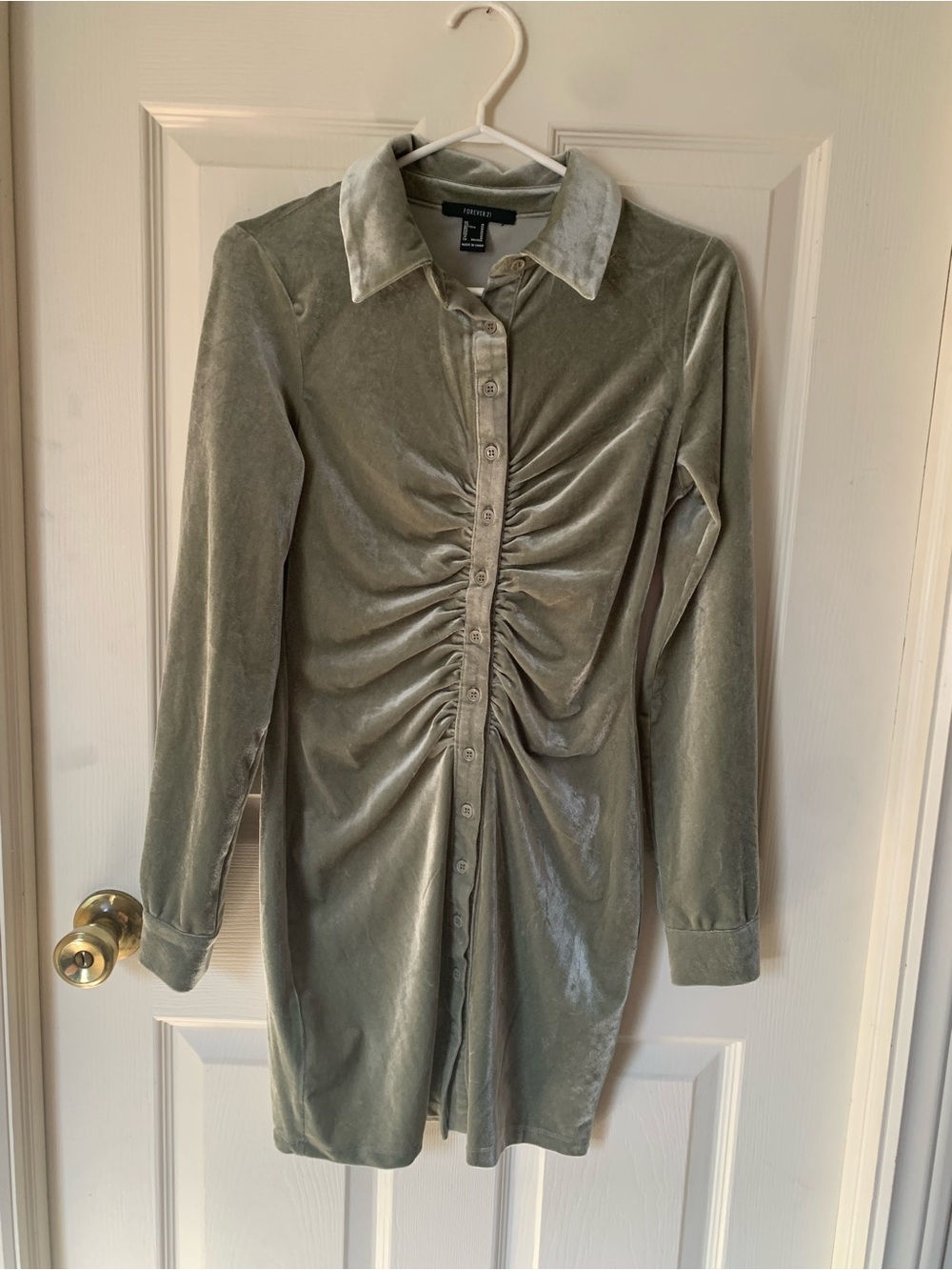 Forever 21 Olive Green Velvet Ruched Button-Down Dress